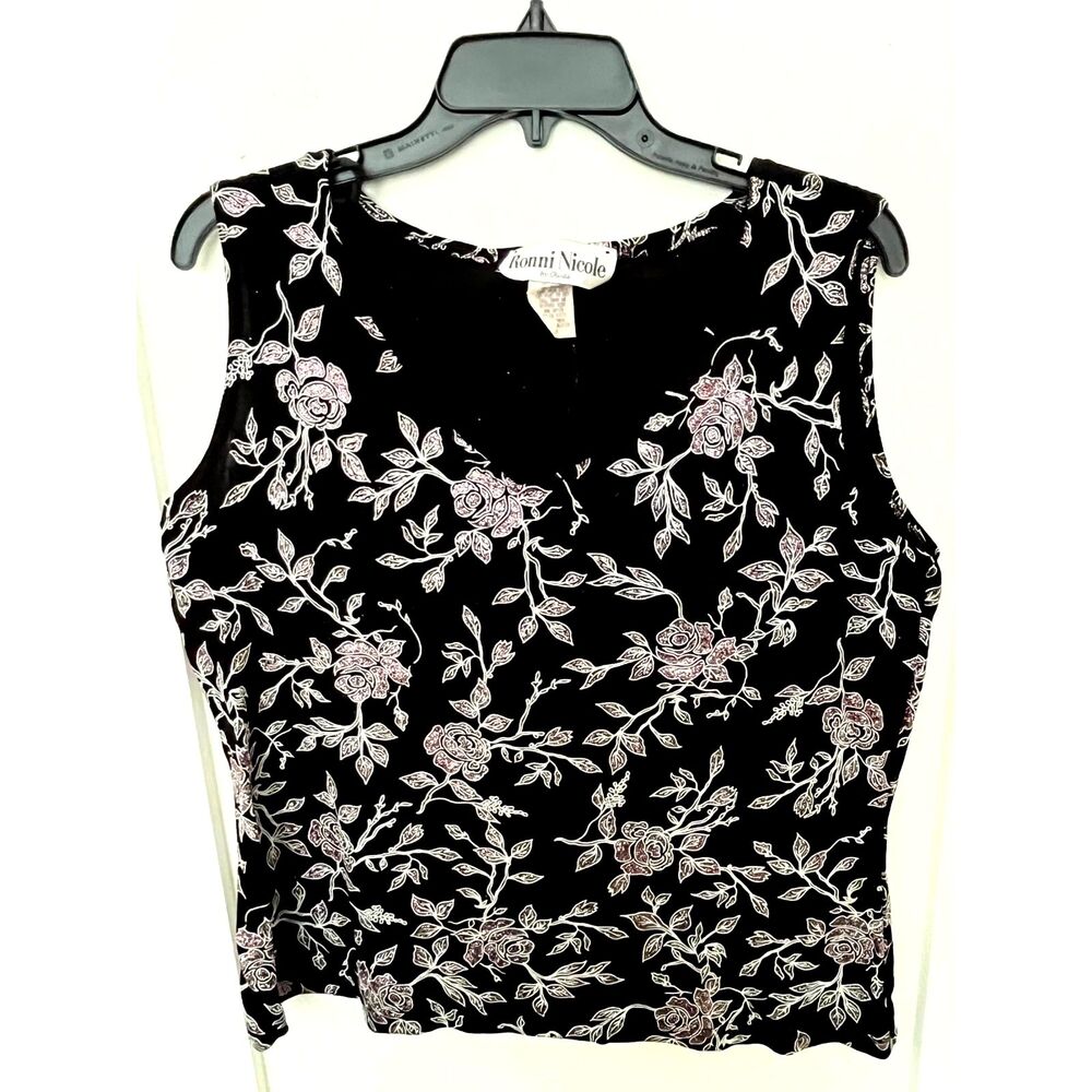 Ronni Nicole Black & Pink Embroidered Sparkly Sleeveless Top Elegant Roses XL
